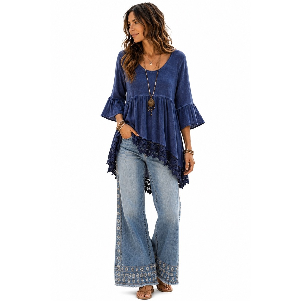 Indigo Thread Co Tunic Top L Blue Ruffle Sleeve Lace Trim Babydoll Boho